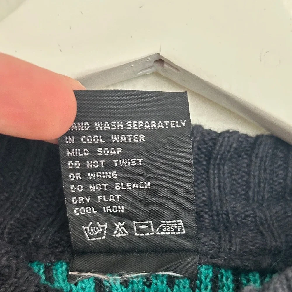 Generra Mens Geometric Print Sweater Black Teal Purple Cotton Ramie Size Small